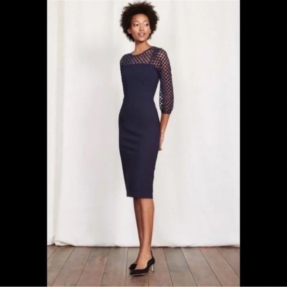 BODEN Electra Ponte Knit Midi Dress Navy Blue Polka Dot Semi Sheer Upper size 8 - Picture 11 of 11
